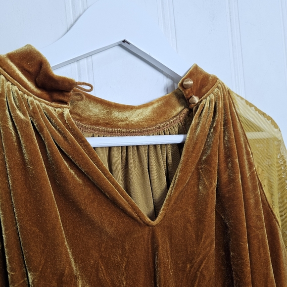 Free People Dream Team Gold Velvet Lace Top Mock Neck Balloon Sleeve S Boho - Picture 12 of 15